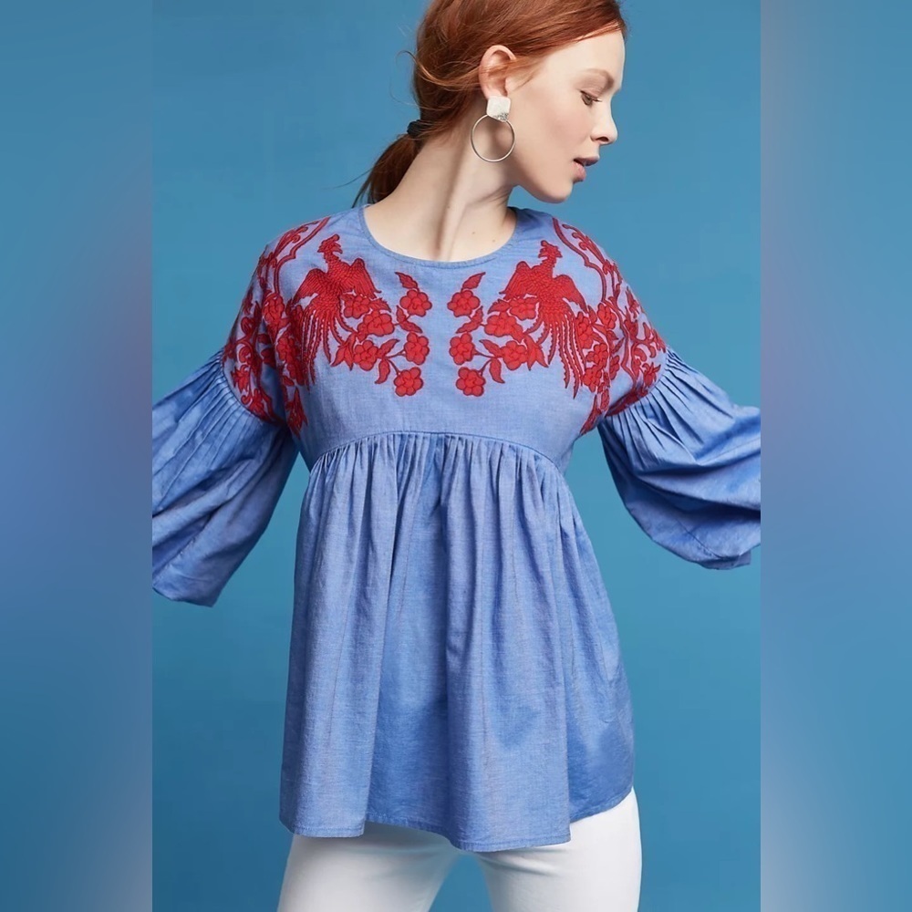 Anthropologie Liana Shirt Blue Red Size Small Balloon Sleeve Boho Embroidered - Picture 2 of 11